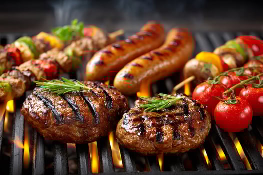 Delicious assorted grilled meat, sausages, and vegetable skewers sizzling on barbecue grill photo