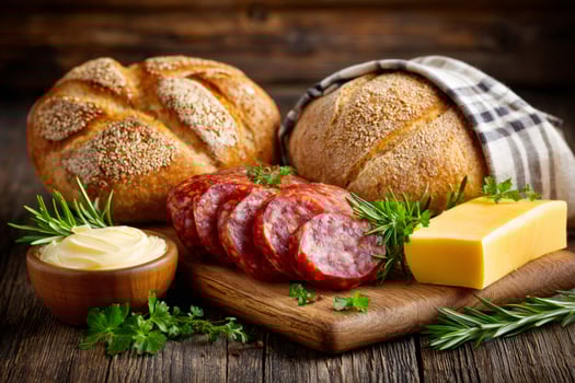 Sliced sausage with bread, cheese, butter and herbs on wooden cutting board photo