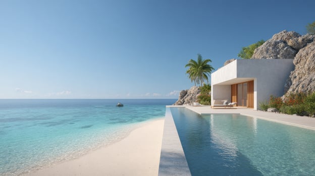 Modern Beachfront Villa With Infinity Pool Overlooking Turquoise Ocean. Luxury Tropical Retreat For Relaxation And Leisure photo