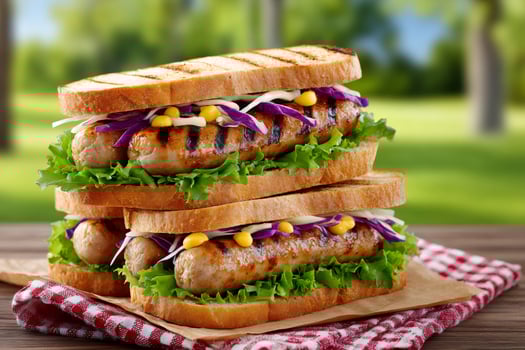 Grilled sausage sandwiches with lettuce, red cabbage, and mustard on toasted bread photo