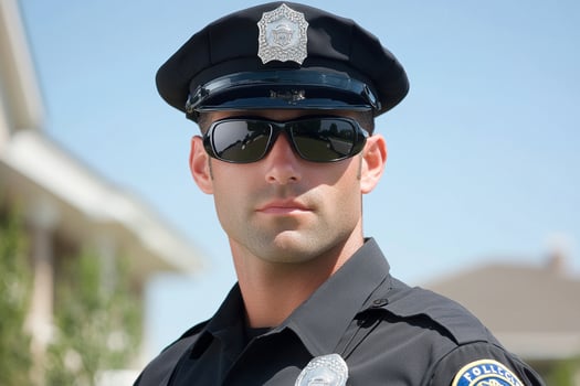 A police officer wearing sunglasses and a black hat photo