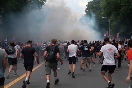 A group of people walking down the street with smoke coming out of the ground photo