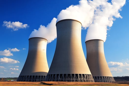Three cooling towers with smoke coming out of them photo
