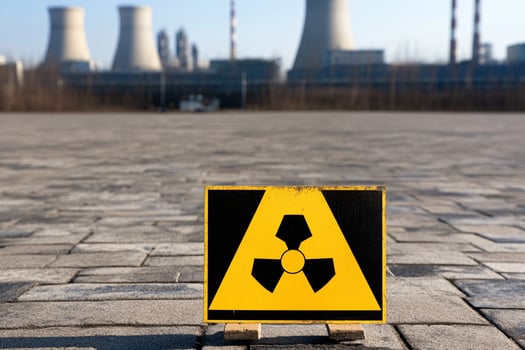 A radioactive sign is shown in front of a nuclear power plant photo