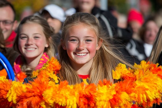 A girl smiles as she holds an orange wreath photo
