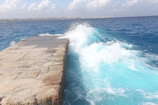 A wave crashing into the water at the end of a pier photo