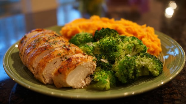 This nutritious dinner features lean turkey breast served alongside vibrant steamed broccoli and creamy sweet potato mash. A perfect diabetes-friendly option for a wholesome meal. photo