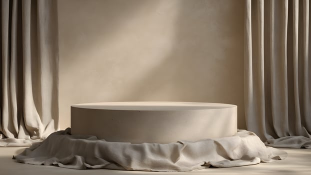 A circular clay platform is surrounded by soft, draped linen fabric in an earthy, natural setting. The background features a warm, organic texture. photo