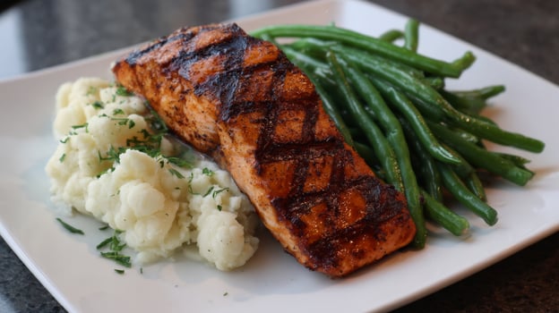 A well-prepared dish features grilled salmon fillet alongside creamy cauliflower mash and vibrant green beans, all arranged on a white plate. This healthy meal is perfect for keto diets. photo