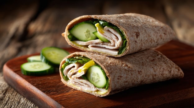 Turkey wrap with veggies and cucumber photo