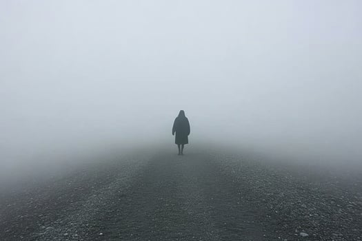 A person walking on a foggy road in the middle of nowhere photo