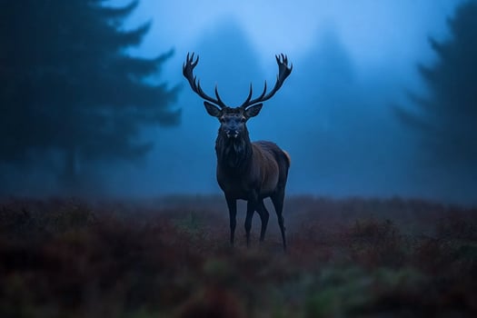 A deer stands in the fog in the middle of a forest photo