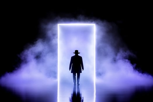 A man in a hat standing in front of a door with smoke coming out of it photo