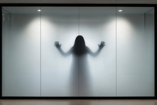 A woman is standing in front of a glass door photo