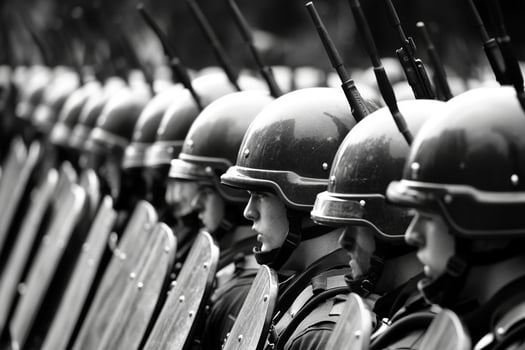 A black and white photo of a line of soldiers