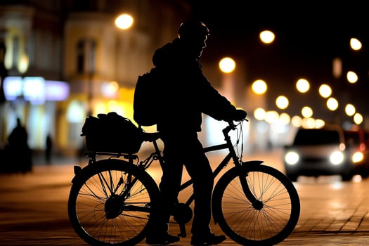A man is riding a bike on a city street at night photo