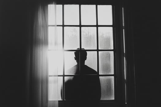 A silhouette of a man standing in front of a window photo
