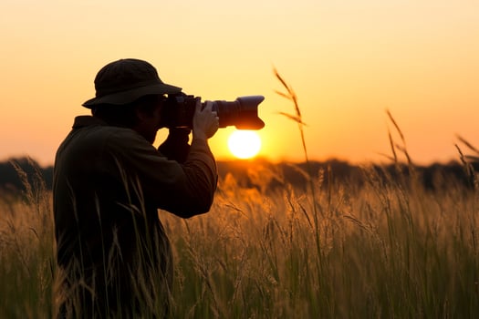 A man taking a photo of the sunset in a field
