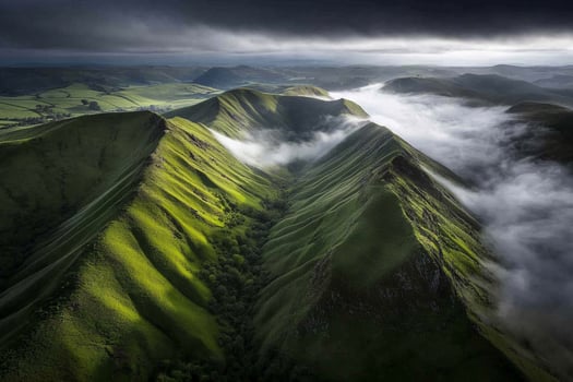 A view of the mountains with clouds and fog photo