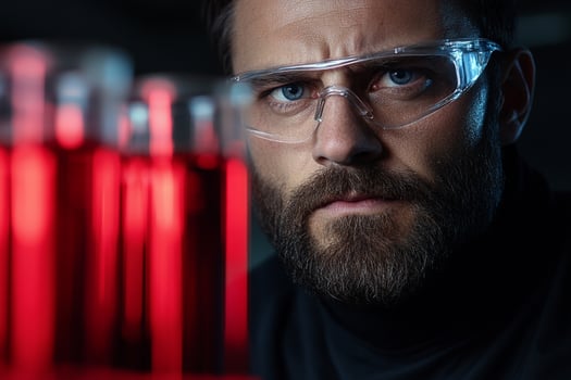A man with glasses and beard is looking at a test tube photo
