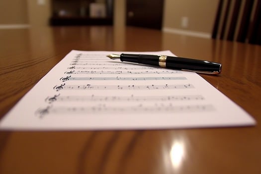 A pen and sheet music on a table photo