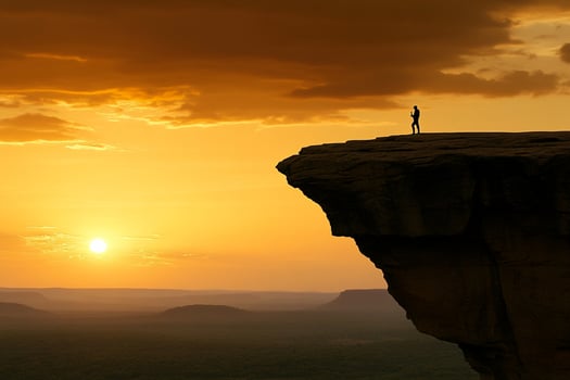 A person standing on a cliff at sunset photo