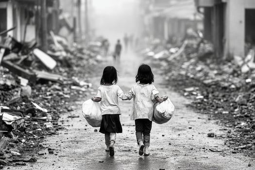 Two little girls walking down a street in a destroyed city photo