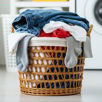 A basket full of clothes is sitting on the floor photo