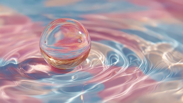 Close Up Transparent Glass Sphere Floating on Colorful Water Surface photo