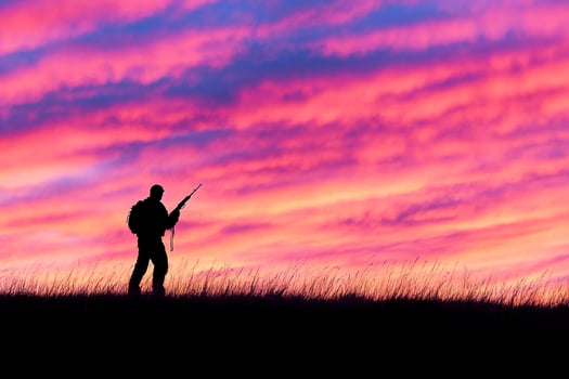 A man with a rifle stands on a hill at sunset photo