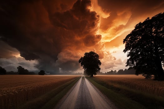 A road leading to a field with a storm in the sky photo