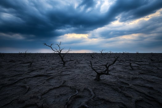 Dead trees in a dry field with storm clouds in the background photo