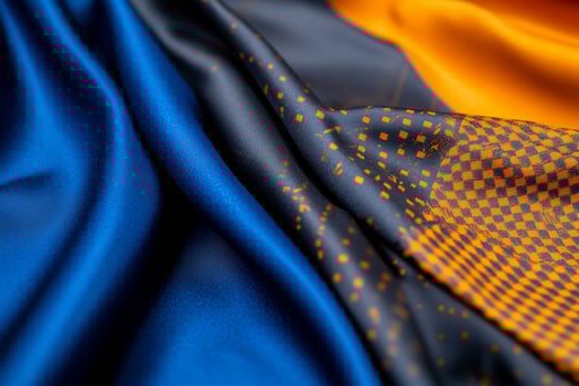 A close up of a blue and orange silk fabric photo