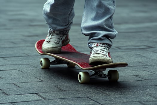 A person riding a skateboard on a sidewalk photo