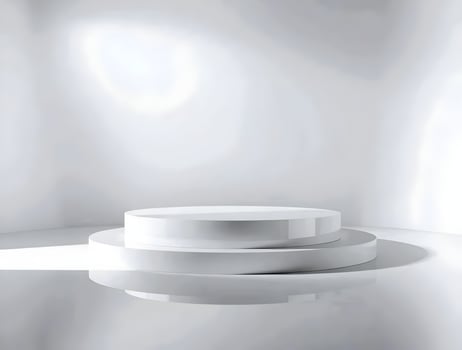 An empty white podium in front of a wall photo