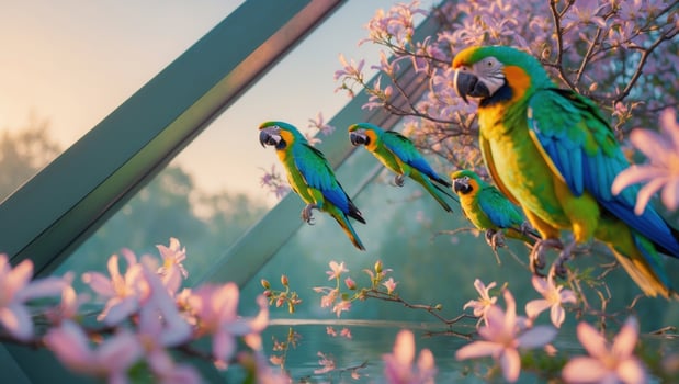 Vibrant macaws perched among blooming flowers, basking in the soft morning light in a serene garden photo