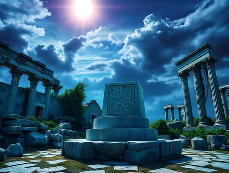 Ancient ruins with columns and a sun shining photo