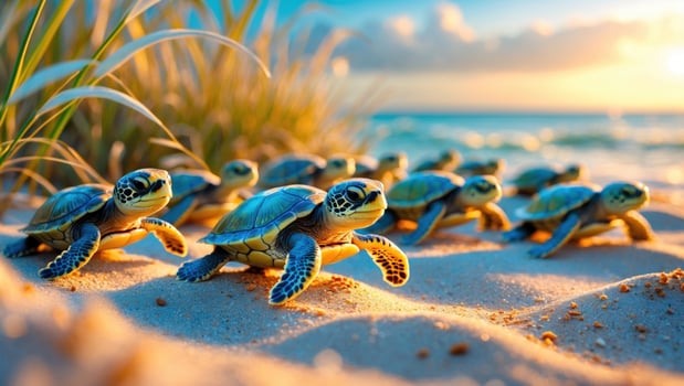 Baby sea turtles making their way across sandy beach towards the ocean during sunset, with gentle waves photo