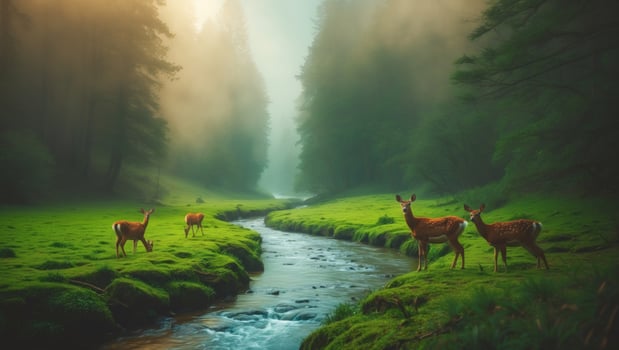Serene forest landscape with deer grazing by a river, surrounded by misty trees and lush greenery photo