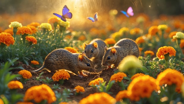 Three small animals playfully interact among vibrant marigold flowers and butterflies in a sunny meadow photo