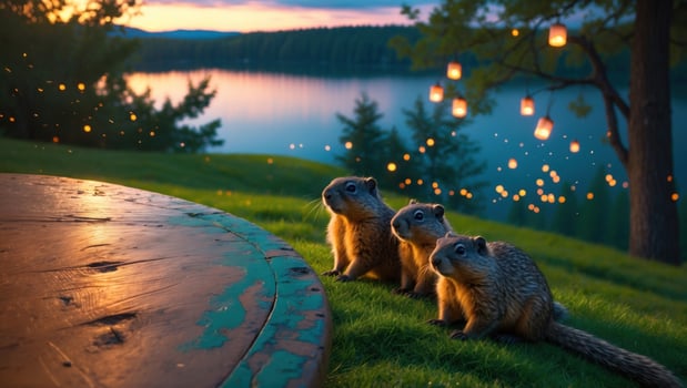Three curious squirrels gather near a lakeside at sunset, with glowing lanterns illuminating the scene photo