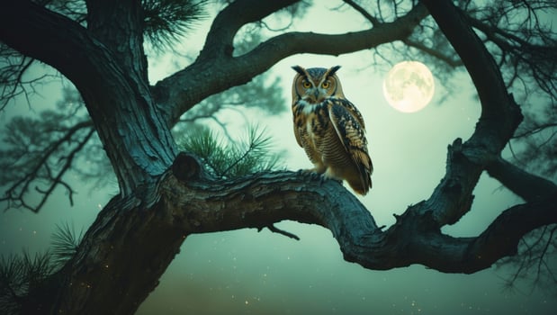 Majestic owl perched on a gnarled tree branch under a full moon, surrounded by a serene night sky photo
