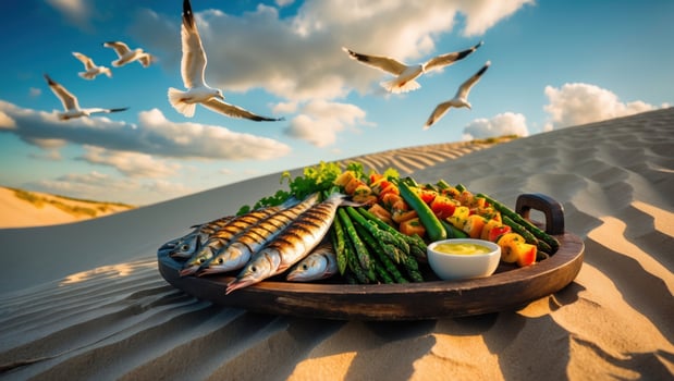 Freshly Grilled Fish and Colorful Vegetables on a Wooden Platter in a Scenic Dune Landscape photo