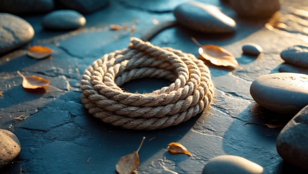 A coiled rope resting on a rocky surface surrounded by pebbles and autumn leaves at sunset photo