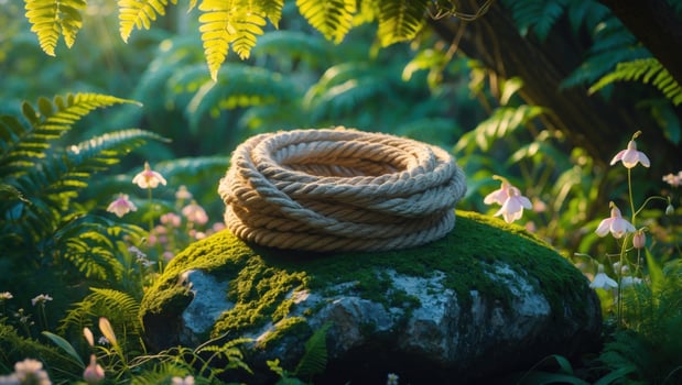A coiled rope resting on a moss-covered stone surrounded by lush greenery and delicate flowers photo