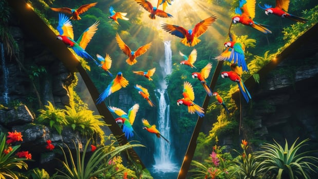 Vibrant parrots soaring above a lush jungle waterfall, with sunlight streaming through trees photo