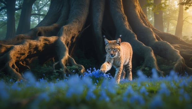 Lynx exploring a vibrant blue flower meadow beneath a majestic ancient tree in a serene forest photo