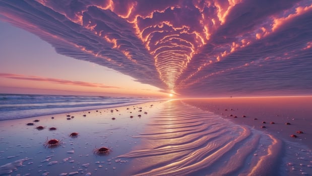 Majestic sunset over a tranquil beach with vibrant clouds and jellyfish scattered on the shore photo