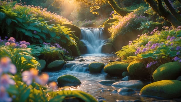 Serene waterfall cascading through lush greenery and vibrant flowers at sunrise in a tranquil forest photo