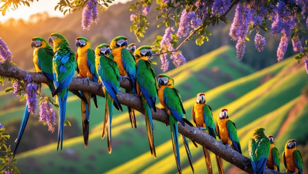 A vibrant gathering of colorful parrots perched on a branch amidst blooming flowers and rolling hills photo
